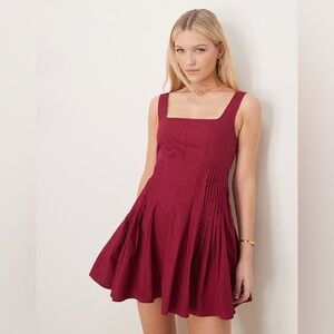 ASOS DESIGN scoop neck pleat waist mini dress in raspberry
